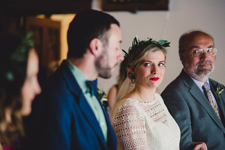 Bride Bridal Lace Guipure Topper Sleeves Dress Gown Veil Greenery Foliage Leaf Crown Bespoke Groom Bow Tie Fun Happy Colourful Wedding Vegetable Bouquets https://mylo-photography.co.uk/
