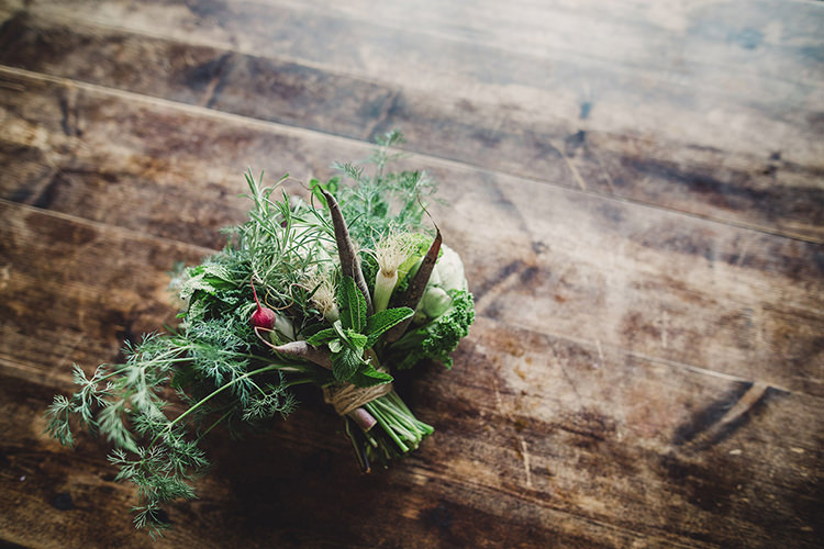 Bride Bridal Vegetable Bouquet Herbs Mint Carrots Leek Spring Onion Radish Fun Happy Colourful Wedding Vegetable Bouquets https://mylo-photography.co.uk/