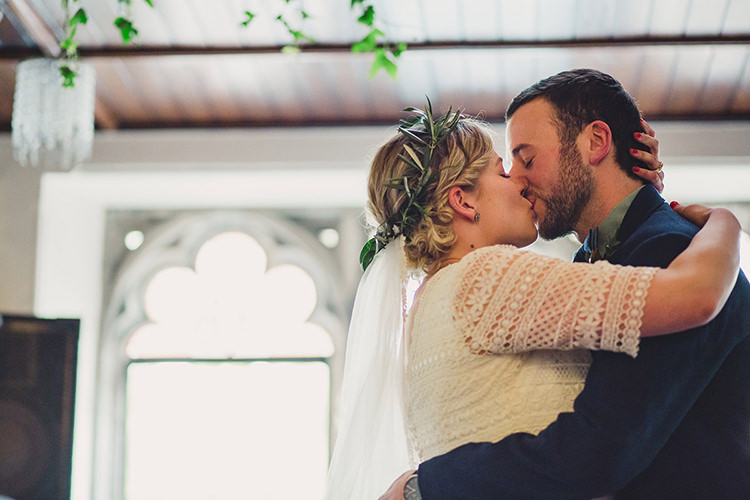 Bride Bridal Lace Guipure Topper Sleeves Dress Gown Veil Greenery Foliage Leaf Crown Veil Bespoke Groom Fun Happy Colourful Wedding Vegetable Bouquets https://mylo-photography.co.uk/