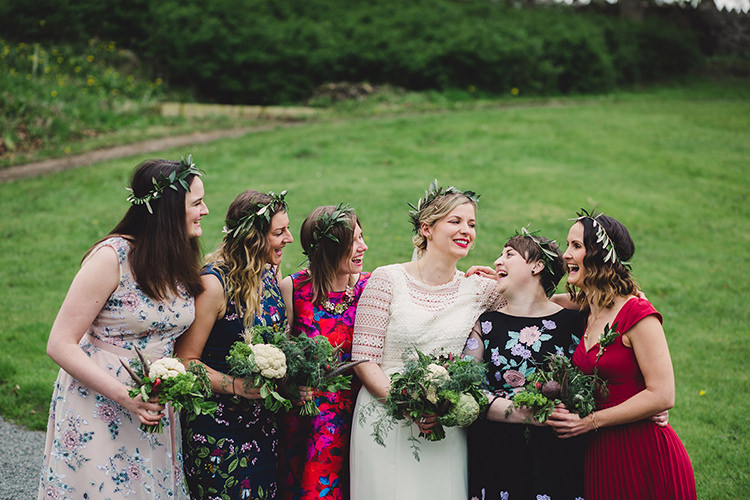 Bride Bridal Lace Guipure Topper Sleeves Dress Gown Veil Greenery Foliage Leaf Crown Mismatched Bridesmaids Fun Happy Colourful Wedding Vegetable Bouquets https://mylo-photography.co.uk/