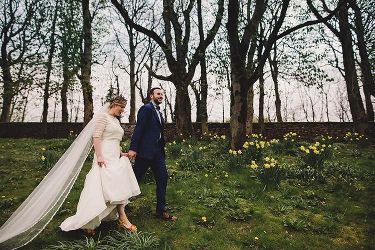 Bride Bridal Lace Guipure Topper Sleeves Dress Gown Veil Greenery Foliage Leaf Crown Bespoke Groom Navy Fun Happy Colourful Wedding Vegetable Bouquets https://mylo-photography.co.uk/