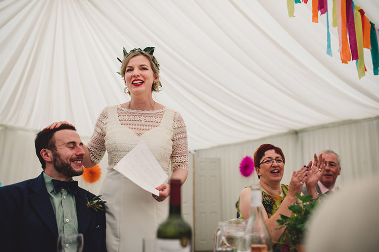 Bride Bridal Lace Guipure Topper Sleeves Dress Gown Veil Greenery Foliage Leaf Crown Speech Fun Happy Colourful Wedding Vegetable Bouquets https://mylo-photography.co.uk/