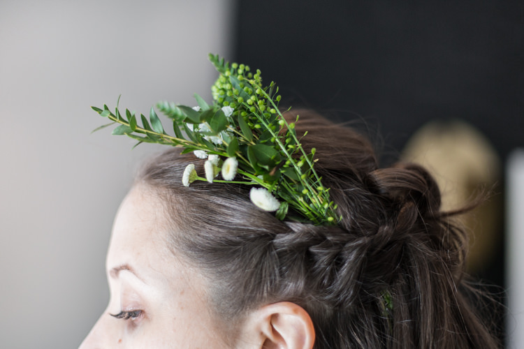 Hair Style Up Do Greenery White Flowers Plait Natural Outdoor Tipi Wedding https://www.ad-photography.co.uk/
