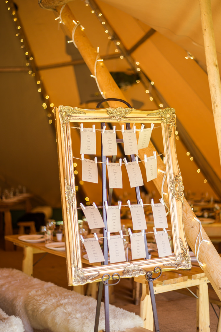 Table Plan Seating Chart Gold Frame Pegs String Natural Outdoor Tipi Wedding https://www.ad-photography.co.uk/