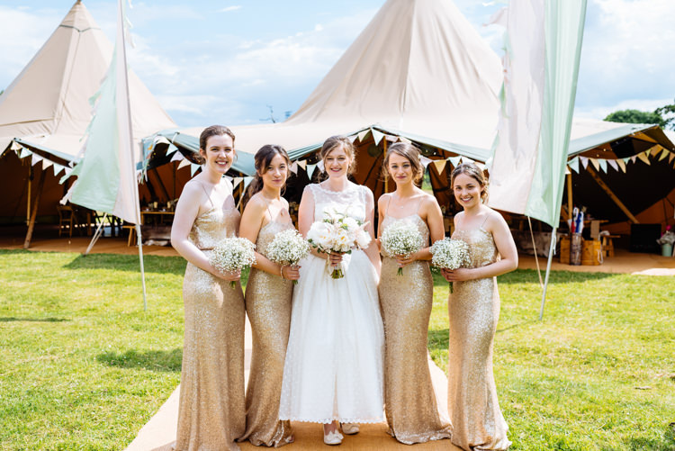 Flags Bunting Ian Stuart Full Skirted Dress Gown Bride Bridal Ballerina Length Gold Sequin Bridesmaids Gypsophila Roses Bouquet Cute Summer Festival Tipi Wedding http://www.daffodilwaves.co.uk/