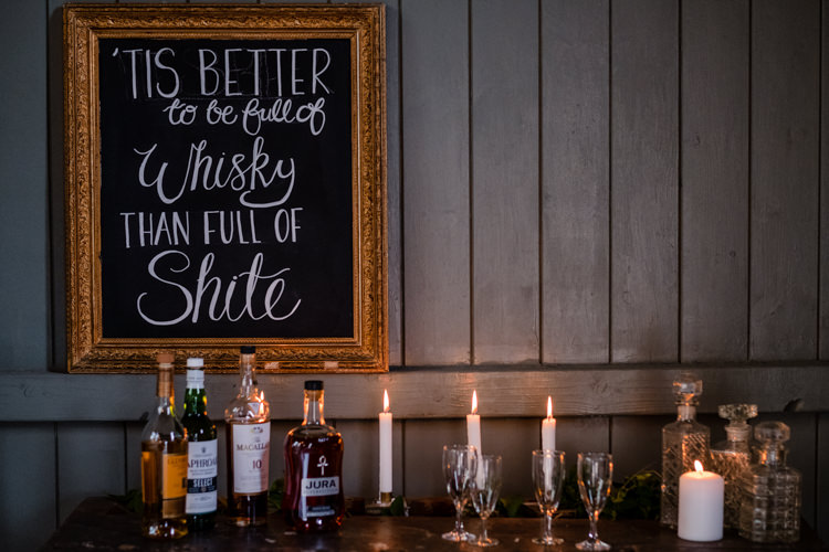 Whisky Bar Drinks Station Candles Sign Boho Eucalyptus Green White Modern Wedding http://www.euanrobertsonweddings.com/
