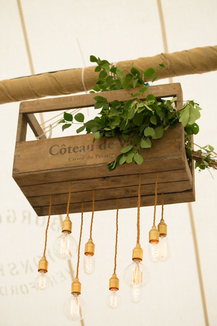 Marquee Lighting Crate Wooden Foliage Greenery Edison Light Bulb Quirky Rustic Farm Wedding https://ragdollphotography.co.uk/