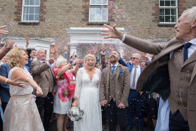 Confetti Bride Bridal Dress Gown Charlotte Balbier Long Sleeve V Neck Tweed Three Piece Groom Waistcoat Mismatched Pocket Square Quirky Rustic Farm Wedding https://ragdollphotography.co.uk/