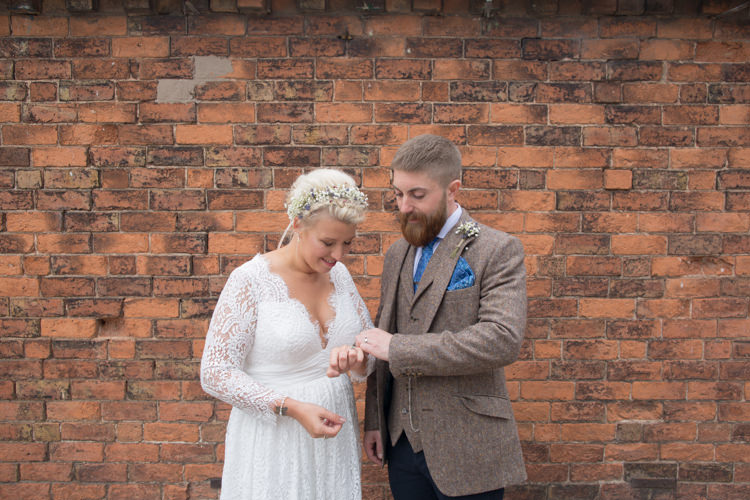 Bride Bridal Dress Gown Charlotte Balbier Long Sleeve V Neck Tweed Three Piece Groom Waistcoat Mismatched Pocket Square Quirky Rustic Farm Wedding https://ragdollphotography.co.uk/