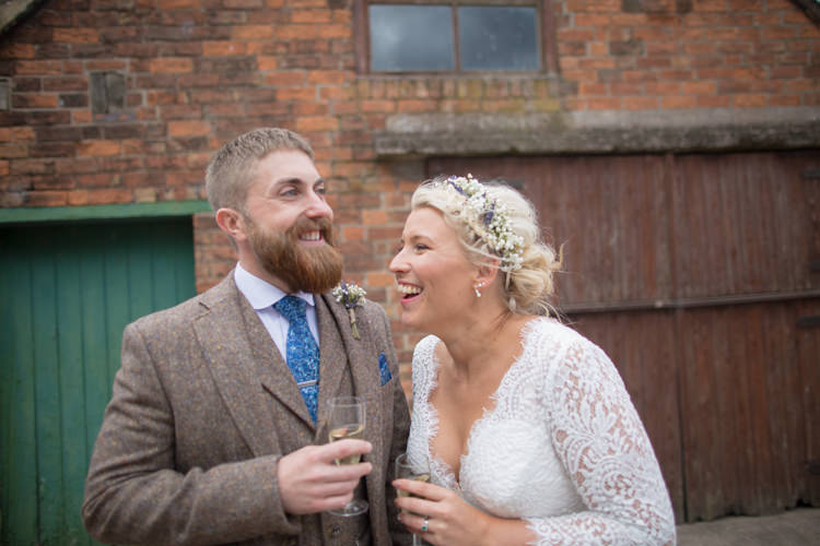 Bride Bridal Dress Gown Charlotte Balbier Long Sleeve V Neck Tweed Three Piece Groom Waistcoat Mismatched Pocket Square Quirky Rustic Farm Wedding https://ragdollphotography.co.uk/
