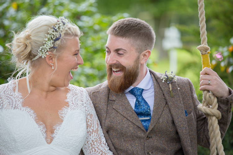 Bride Bridal Dress Gown Charlotte Balbier Long Sleeve V Neck Tweed Three Piece Groom Waistcoat Mismatched Pocket Square Hair Florals Flower Crown Quirky Rustic Farm Wedding https://ragdollphotography.co.uk/