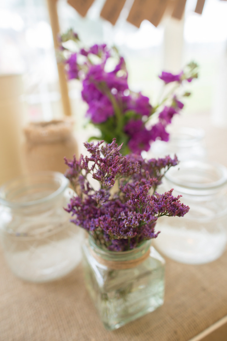 Hessian Jar Heather Purple Flowers Floral Table Quirky Rustic Farm Wedding https://ragdollphotography.co.uk/