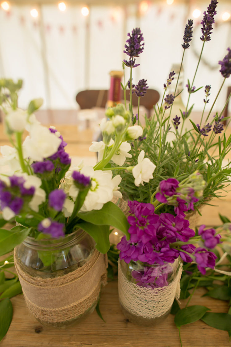 Rustic Wooden Table Lavender Purple White Flowers Floral Lace Jam Jars Quirky Rustic Farm Wedding https://ragdollphotography.co.uk/