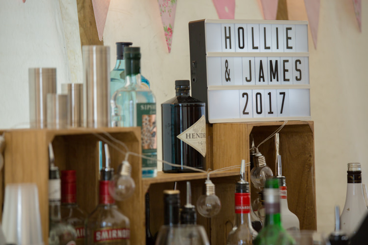 Bar Set Up Wooden Crate Spirits Light Box Festoon Lighting Quirky Rustic Farm Wedding https://ragdollphotography.co.uk/