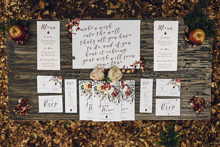 Stationery Invitations Calligraphy Florals Autumn Magical Snow White Woodland Wedding Ideas https://www.chloeleephoto.co.uk/