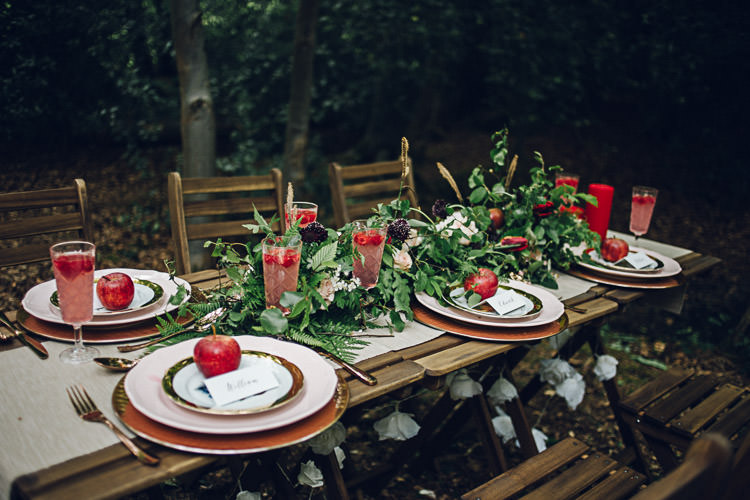 Tablescape Flowers Red Green Outdoor Decor Table Styling Magical Snow White Woodland Wedding Ideas https://www.chloeleephoto.co.uk/