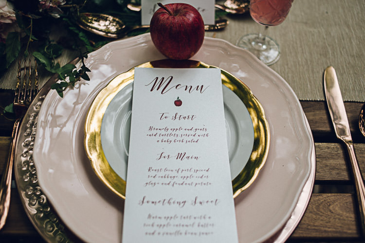 Stationery Menu Calligraphy Florals Autumn Magical Snow White Woodland Wedding Ideas https://www.chloeleephoto.co.uk/