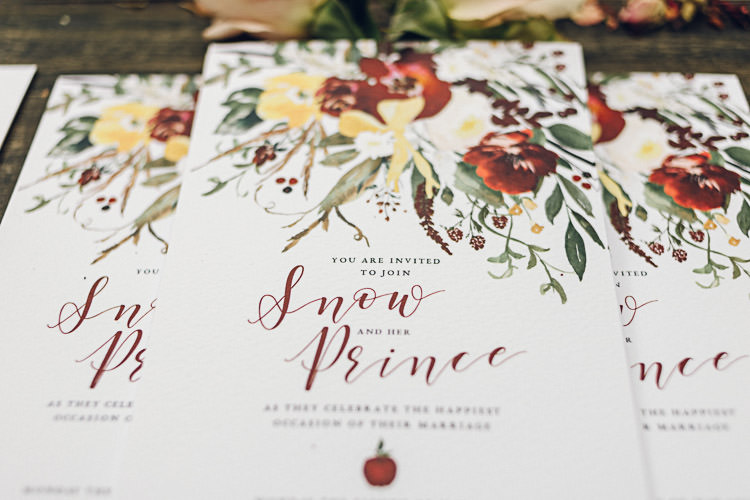 Stationery Invitations Calligraphy Florals Autumn Magical Snow White Woodland Wedding Ideas https://www.chloeleephoto.co.uk/