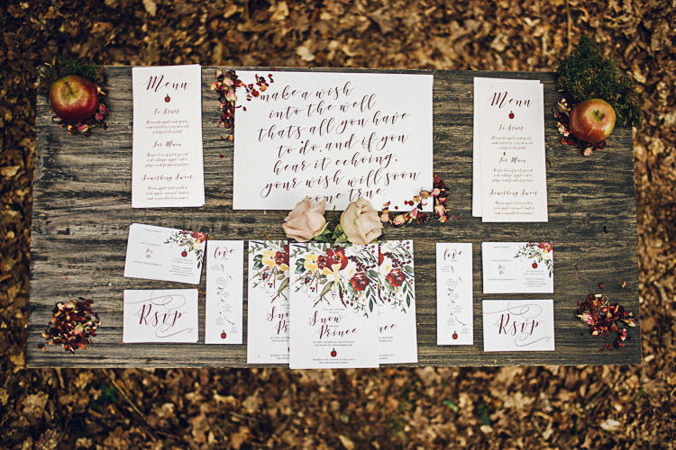 Stationery Invitations Calligraphy Florals Autumn Magical Snow White Woodland Wedding Ideas https://www.chloeleephoto.co.uk/