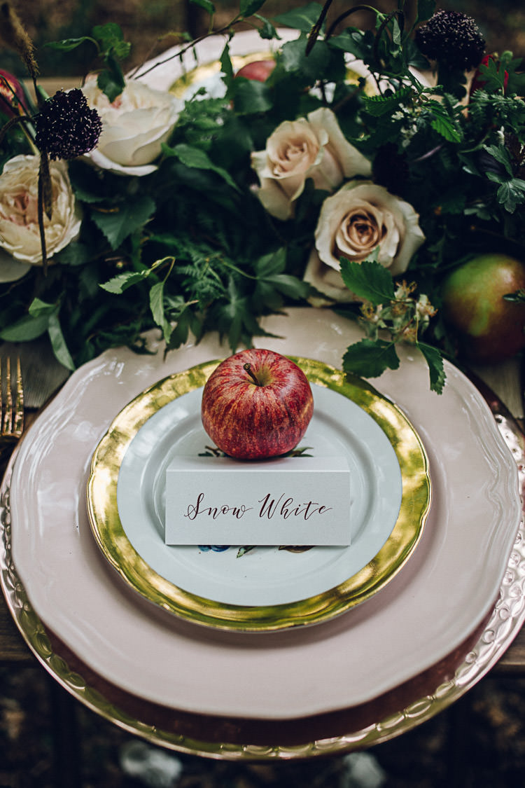 Place Setting Apple Decor Table Styling Magical Snow White Woodland Wedding Ideas https://www.chloeleephoto.co.uk/