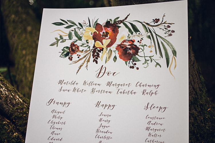 Stationery Table Plan Calligraphy Florals Autumn Magical Snow White Woodland Wedding Ideas https://www.chloeleephoto.co.uk/