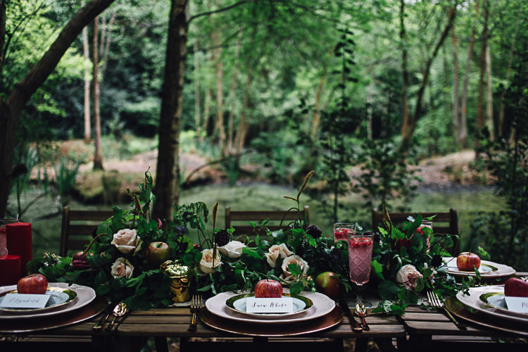 Tablescape Flowers Red Green Outdoor Decor Table Styling Magical Snow White Woodland Wedding Ideas https://www.chloeleephoto.co.uk/