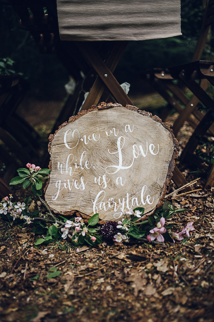 Log Slice Sign Calligraphy Rustic Magical Snow White Woodland Wedding Ideas https://www.chloeleephoto.co.uk/