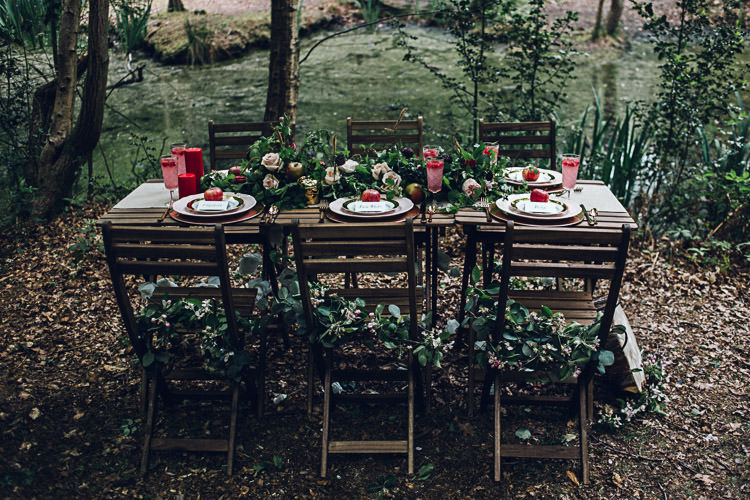Tablescape Flowers Red Green Outdoor Decor Table Styling Magical Snow White Woodland Wedding Ideas https://www.chloeleephoto.co.uk/
