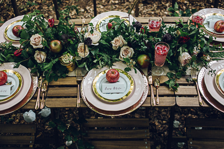 Place Setting Apple Decor Table Styling Magical Snow White Woodland Wedding Ideas https://www.chloeleephoto.co.uk/