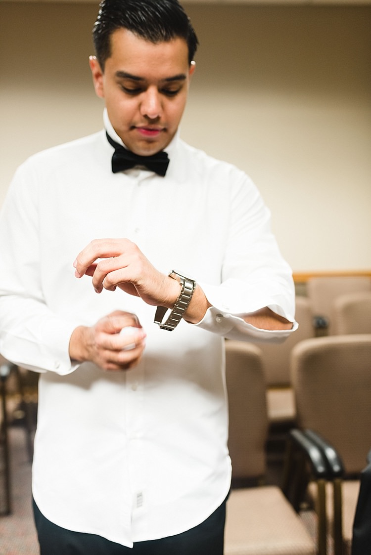 Groom Getting Ready Bowtie Watch Modern Romantic Winter Wedding Texas http://www.albarosephotography.com/
