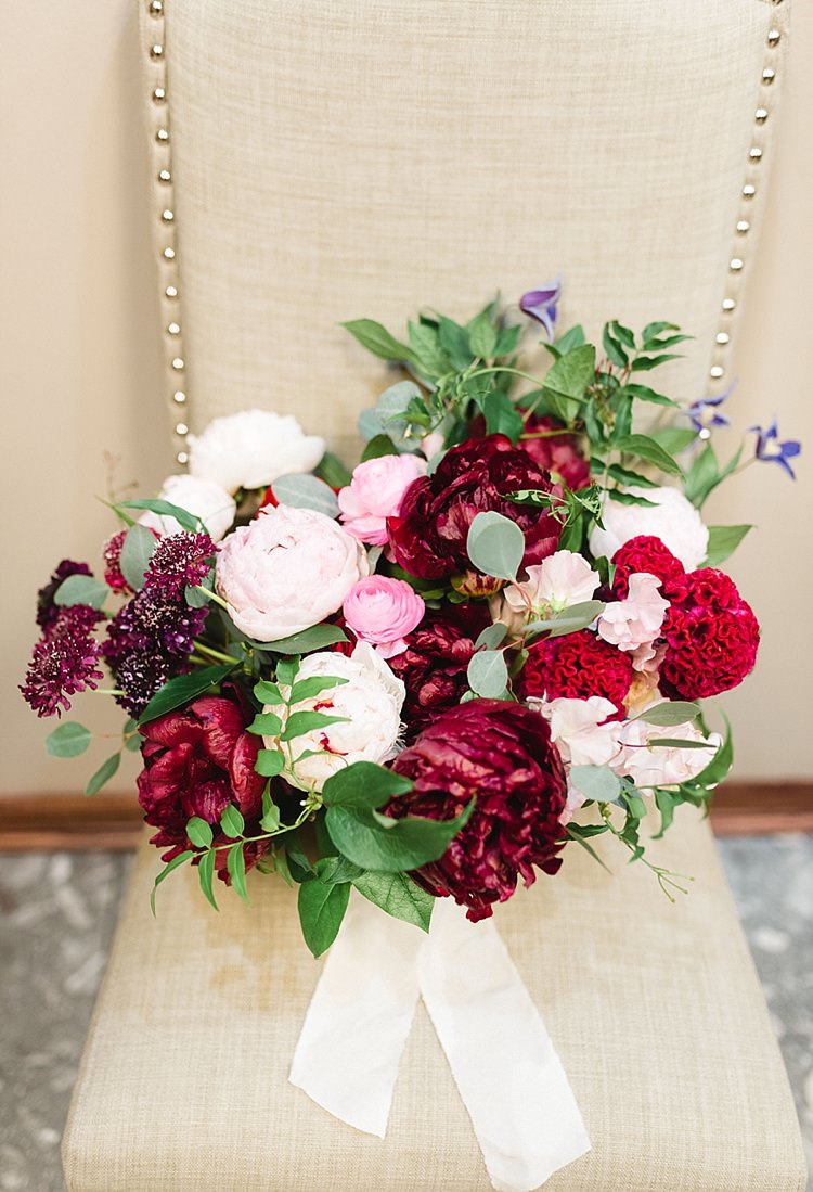 Bouquet Red Pink Roses Peonies Greenery Burgundy Plum Blush Modern Romantic Winter Wedding Texas http://www.albarosephotography.com/