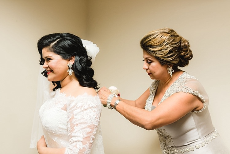 Bride Getting Ready Mother Lace Off Shoulder Veil Curls Modern Romantic Winter Wedding Texas http://www.albarosephotography.com/