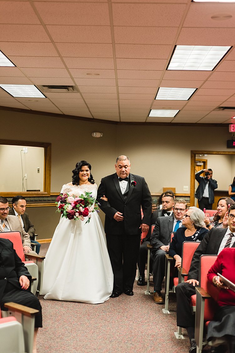 Bride Father Aisle Bowtie Dress A Line Classic Lace Off Shoulder Bouquet Pink Red Roses Peonies Modern Romantic Winter Wedding Texas http://www.albarosephotography.com/