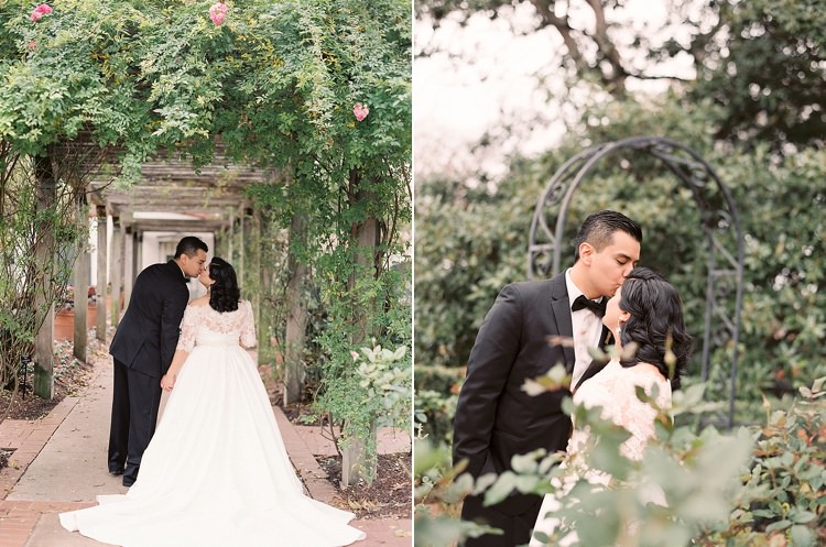Bride Groom Garden Bowtie Lace Dress Off Shoulder Sleeves Kiss Modern Romantic Winter Wedding Texas http://www.albarosephotography.com/