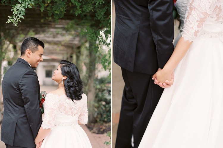 Bride Groom Garden Bowtie Lace Dress Off Shoulder Sleeves Holding Hands Modern Romantic Winter Wedding Texas http://www.albarosephotography.com/