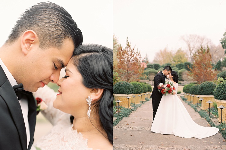Bride Groom Garden Bowtie Lace Dress Off Shoulder Sleeves Bouquet Red Pink Peonies Roses Greenery Modern Romantic Winter Wedding Texas http://www.albarosephotography.com/