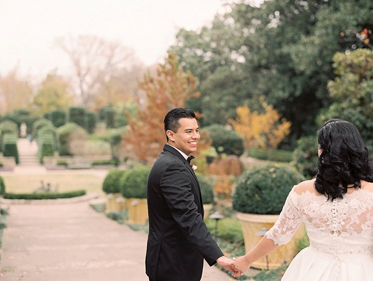 Bride Groom Garden Bowtie Lace Dress Off Shoulder Sleeves Buttons Modern Romantic Winter Wedding Texas http://www.albarosephotography.com/