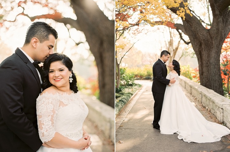 Bride Groom Garden Bowtie Lace Dress Off Shoulder Sleeves Modern Romantic Winter Wedding Texas http://www.albarosephotography.com/