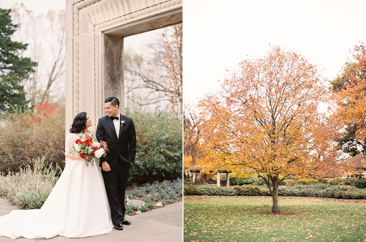 Bride Groom Garden Bowtie Lace Dress Off Shoulder Sleeves Bouquet Red Pink Peonies Roses Greenery Modern Romantic Winter Wedding Texas http://www.albarosephotography.com/