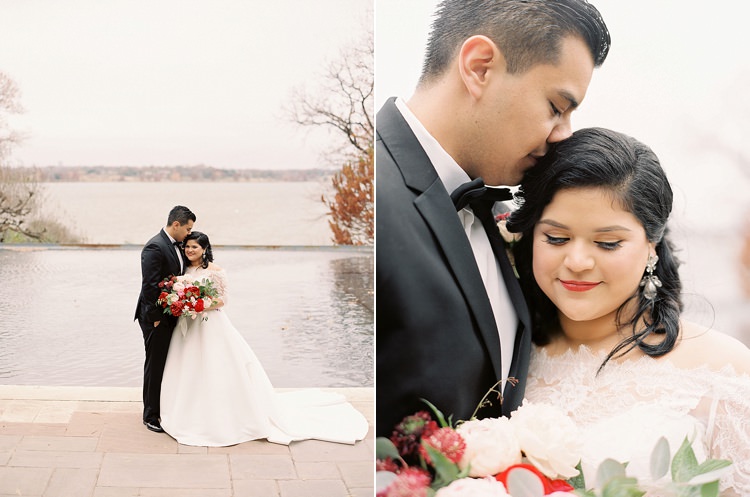 Bride Groom Garden Bowtie Lace Dress Off Shoulder Sleeves Bouquet Red Pink Peonies Roses Greenery Lake Modern Romantic Winter Wedding Texas http://www.albarosephotography.com/
