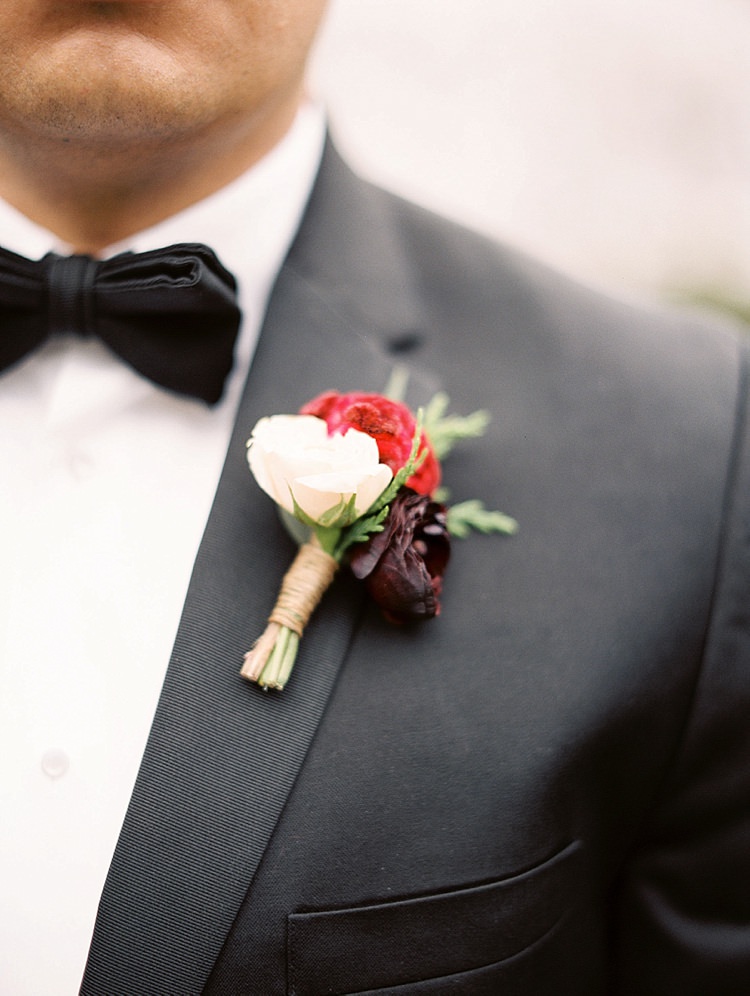 Groom Button Hole Rose Red Pink Bowtie Modern Romantic Winter Wedding Texas http://www.albarosephotography.com/