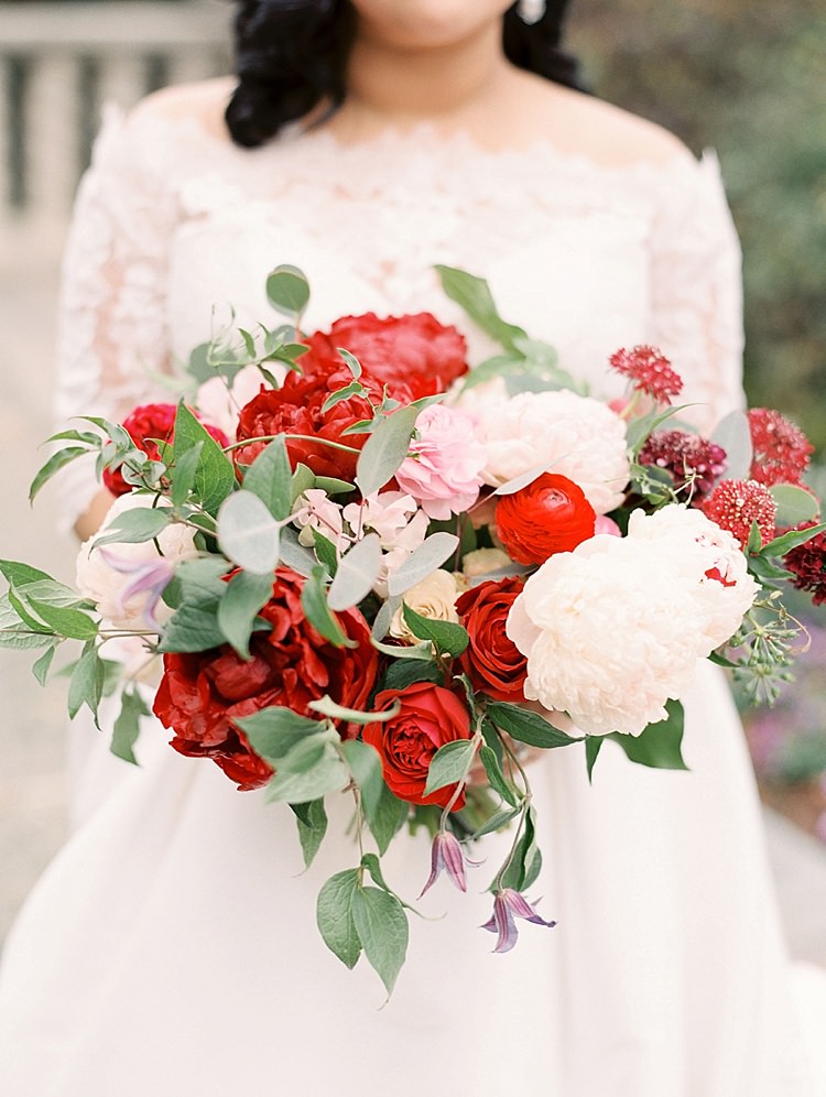 Bouquet Peonies Red Pink White Greenery Roses Modern Romantic Winter Wedding Texas http://www.albarosephotography.com/