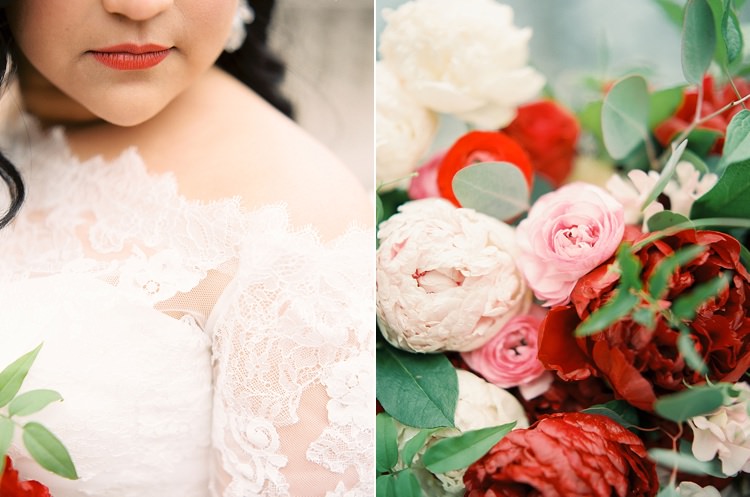 Bride Dress Lace Off Shoulder Lipstick Bouquet Peonies Red Pink White Greenery Roses Modern Romantic Winter Wedding Texas http://www.albarosephotography.com/Modern Romantic Winter Wedding Texas http://www.albarosephotography.com/