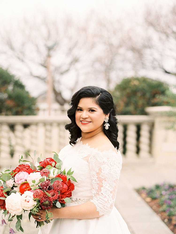 Bride Garden Lace Dress Off Shoulder Sleeves Bouquet Red Pink Peonies Roses Greenery Modern Romantic Winter Wedding Texas http://www.albarosephotography.com/