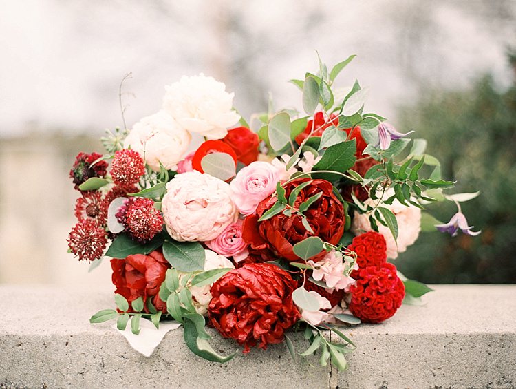 Peonies Roses Red Pink Greenery Bouquet Modern Romantic Winter Wedding Texas http://www.albarosephotography.com/