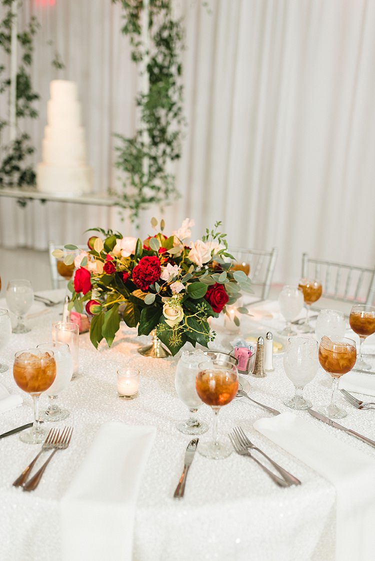 Table Setting Centre Piece Roses Flowers Red Pink Greenery Candles Modern Romantic Winter Wedding Texas http://www.albarosephotography.com/