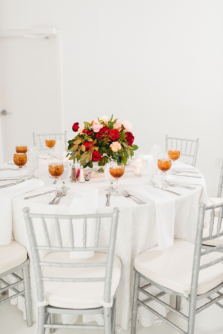 Table Setting White Linen Centre Piece Roses Flowers Red Pink Greenery Candles Modern Romantic Winter Wedding Texas http://www.albarosephotography.com/