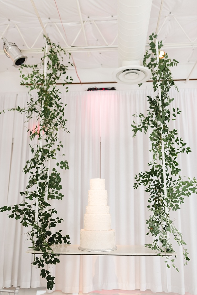 Greenery Cake Display White Tiers Modern Romantic Winter Wedding Texas http://www.albarosephotography.com/