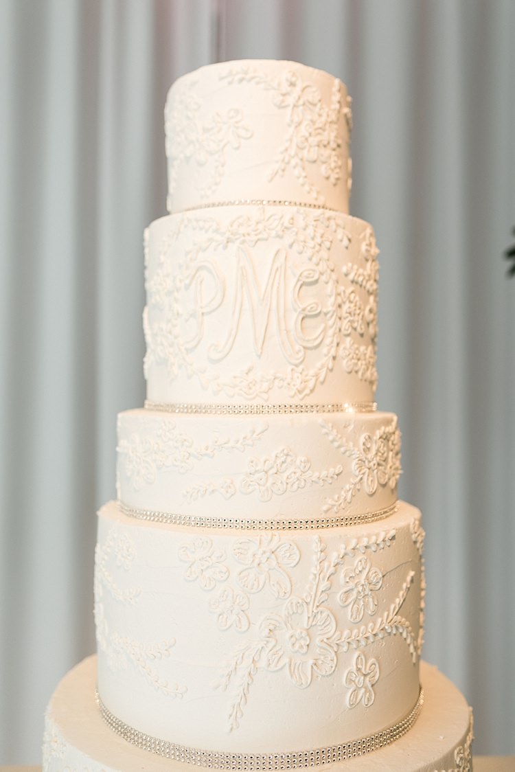 Cake Tall White Detail Initials Diamonte Modern Romantic Winter Wedding Texas http://www.albarosephotography.com/
