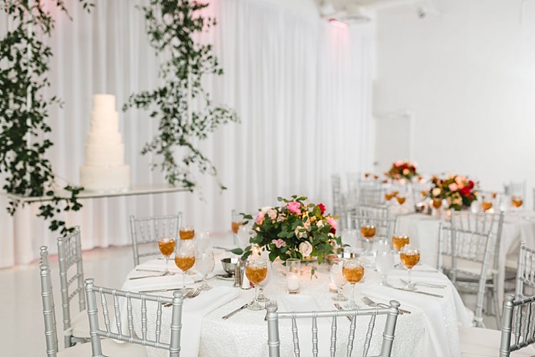 Table Setting White Linen Cake Centre Piece Roses Flowers Red Pink Greenery Candles Modern Romantic Winter Wedding Texas http://www.albarosephotography.com/
